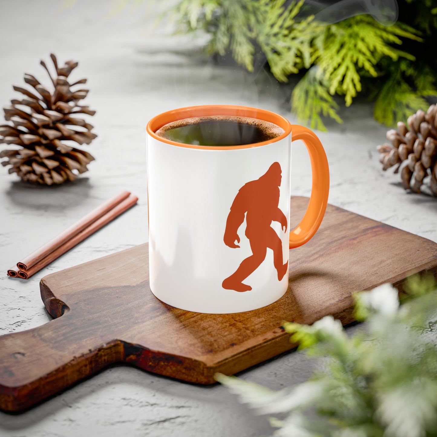 Sasquatch Silhouette Coffee Mug — Retro Orange Bigfoot Camper Design (11oz/15oz)