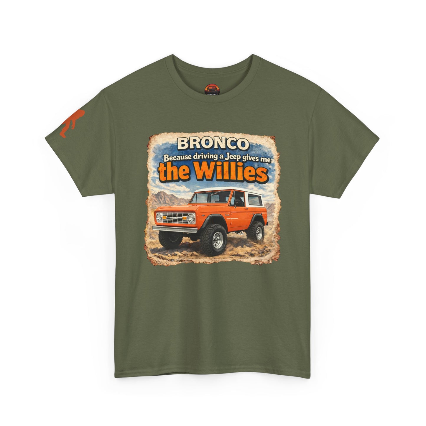 66-77 Ford Bronco apparel tee front view OD green "Willies” off-road t-shirt