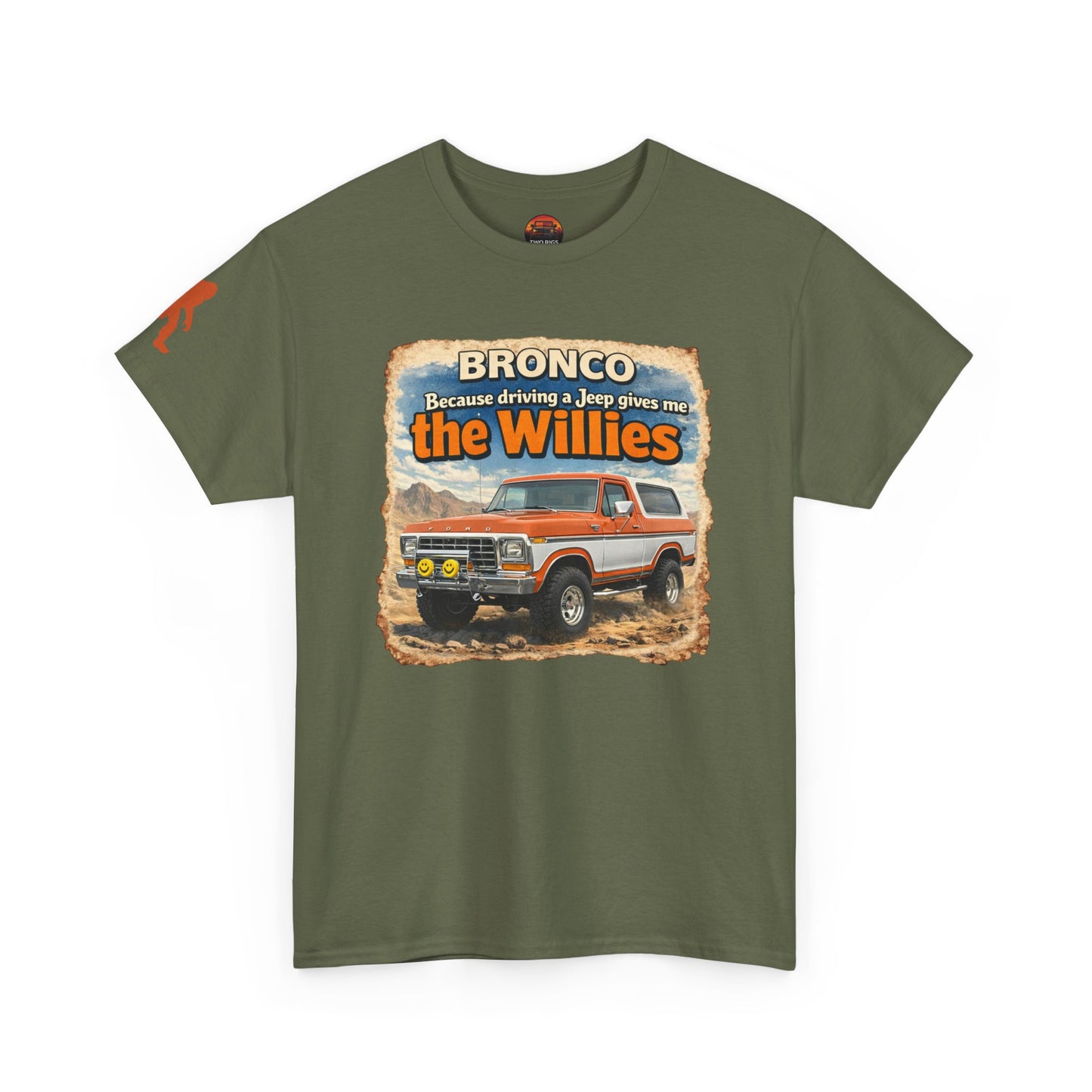 1978-1979 Ford Bronco apparel tee front view OD green “Willies” off-road t-shirt