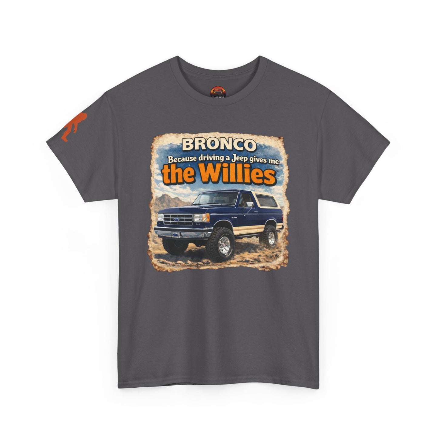 1987-1991 Ford Bronco apparel tee front view charcoal “Willies” off-road t-shirt