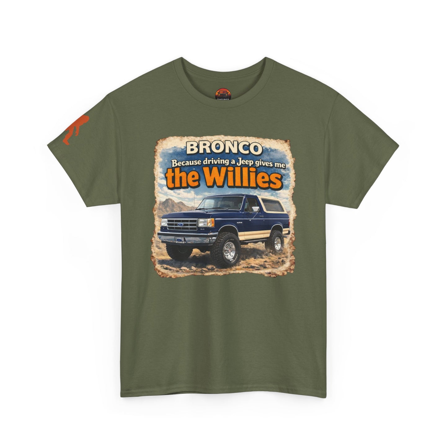 1987-1991 Ford Bronco apparel tee front view OD Green “Willies” off-road t-shirt