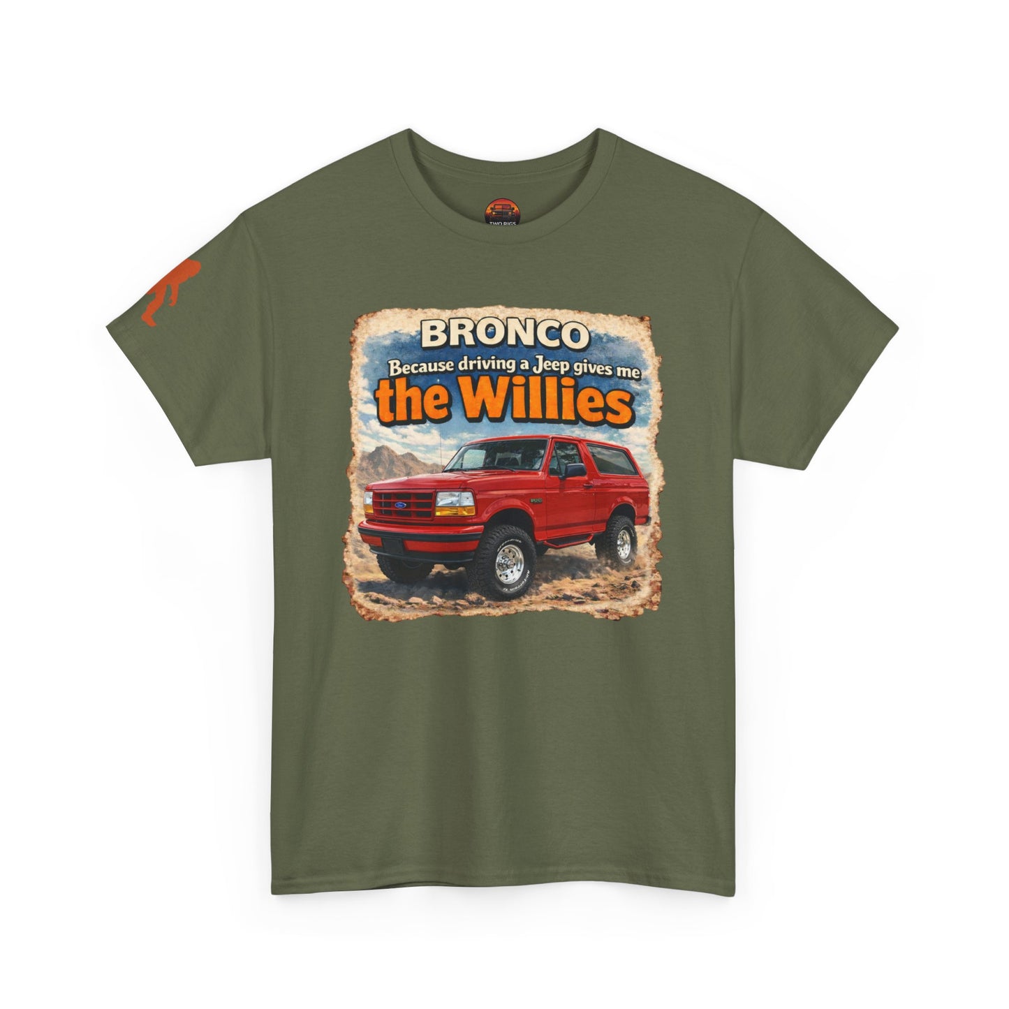 1992-1996 Ford Bronco apparel tee front view OD green “Willies” off-road t-shirt