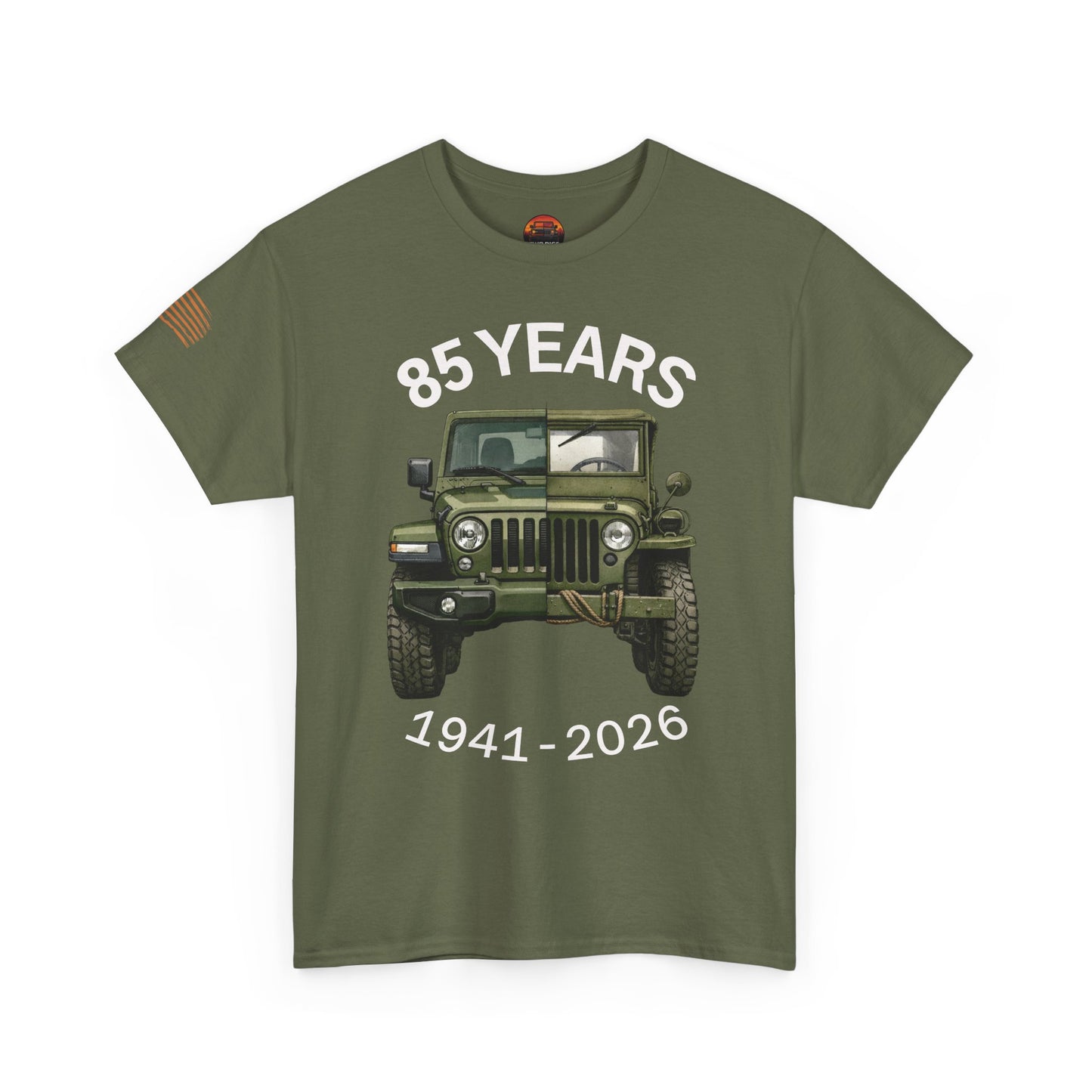 Military green Jeep Anniversary Tee with bold ‘85 Years 1941-2026’ vintage jeep graphic and relaxed crew neck.