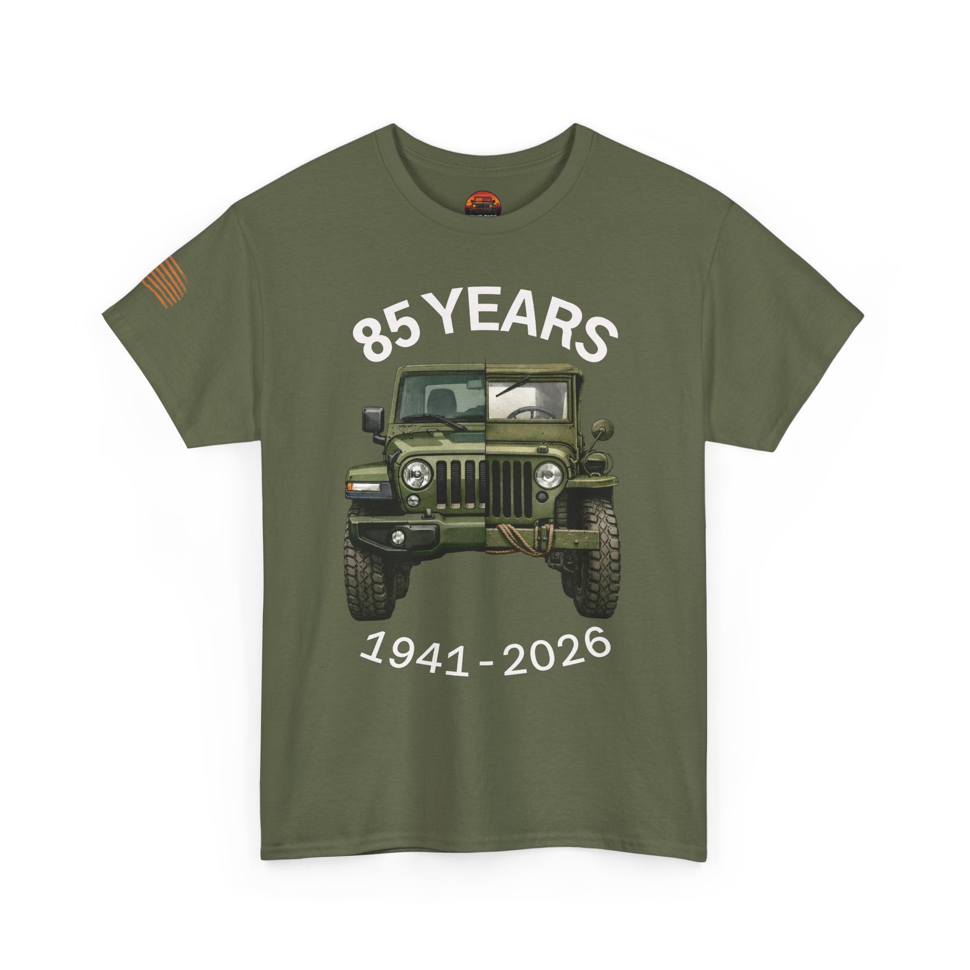 Military green Jeep Anniversary Tee with bold ‘85 Years 1941-2026’ vintage jeep graphic and relaxed crew neck.